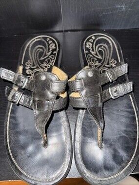 Olukai Honuka Womens Sz 10 Flip Flops Sandal Black Leather Stitched Thong Buckle